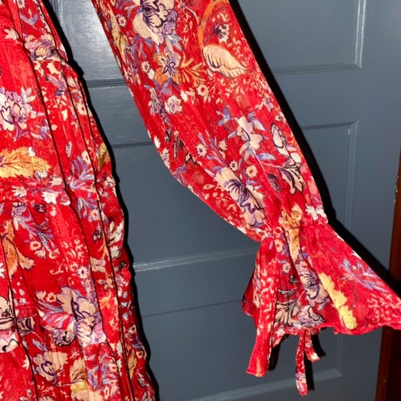 Free People Closer To The Heart Mini Dress Floral Tiered Bell Sleeve Boho 70s - Picture 5 of 5